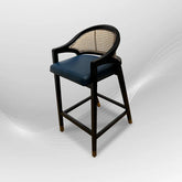 LENONG Bar Stool with Leather Seat and Rattan Back| Counter Height Bar Stools, Upholstered Leather Barstools with Comfortable Rattan Back, 29" Seat Height Bar Chairs for Kitchen Island, Teak Wood Frame, Blue