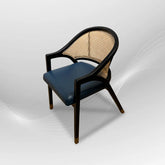 LENONG Armchair with Leather Seat and Rattan Back| Accent Chair Natural Rattan Armchair, Leather Upholstered Seat, Living Room Chairs, Teak Wood Frame, Dining Chair with Comfortable Rattan Backrest, Reading Chairs, Blue (Pre-order)