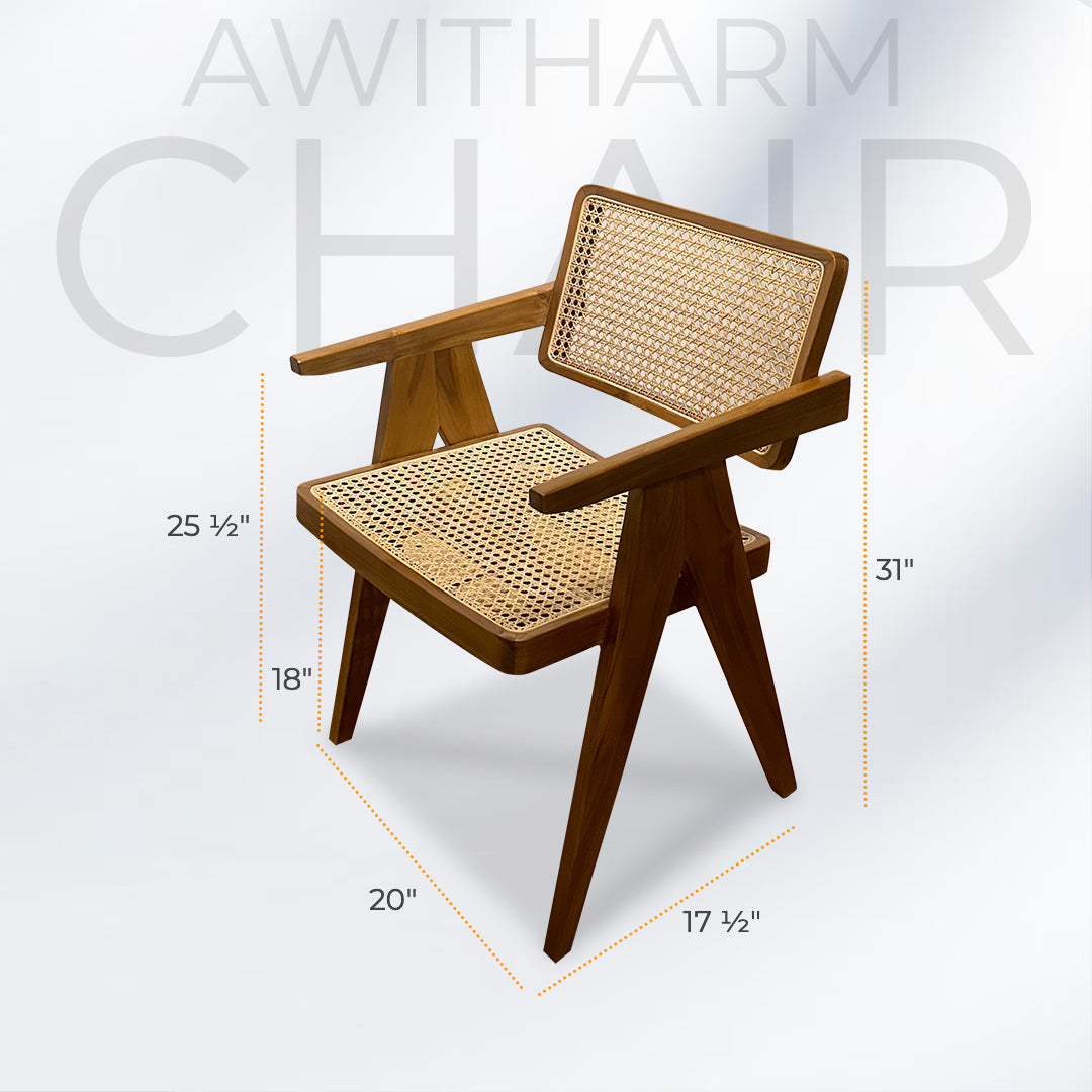 AWITHARM Walnut Rattan Comfortable Armchair Boho| Dining Chairs , Rattan Kitchen Chairs Walnut for Dining Room with Armrest