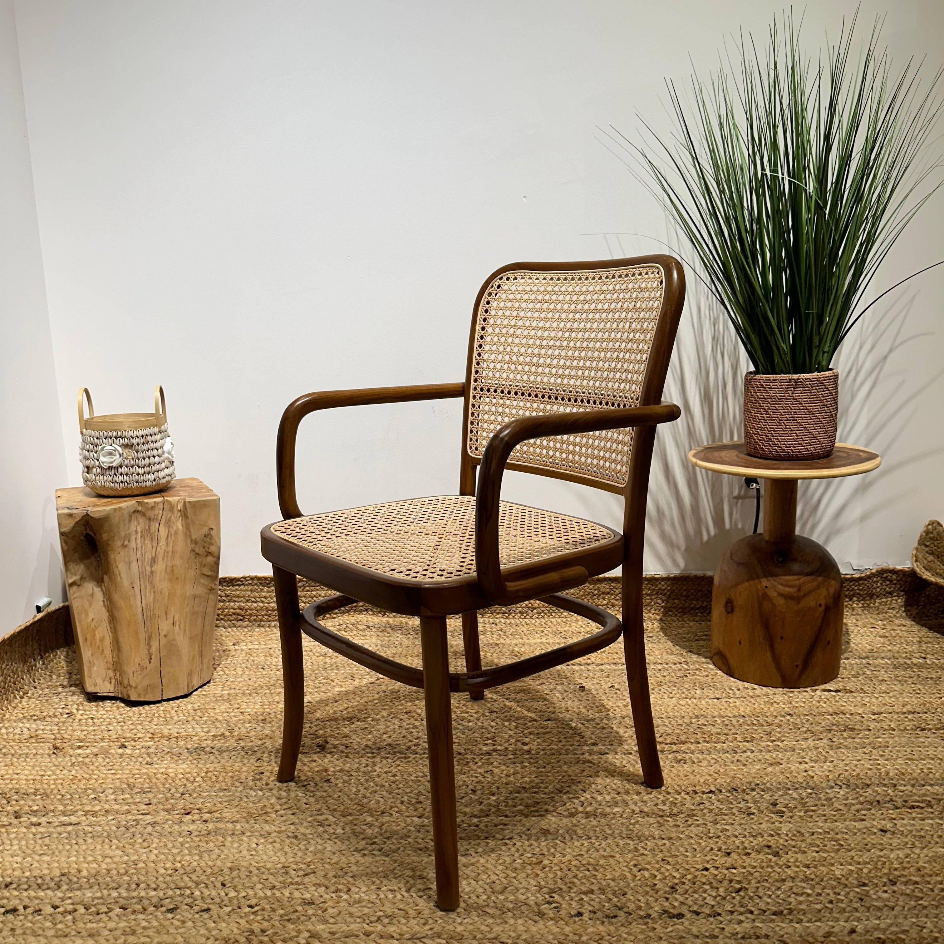 KEVINWITHARM Walnut Rattan Mid-Century Modern Armchair