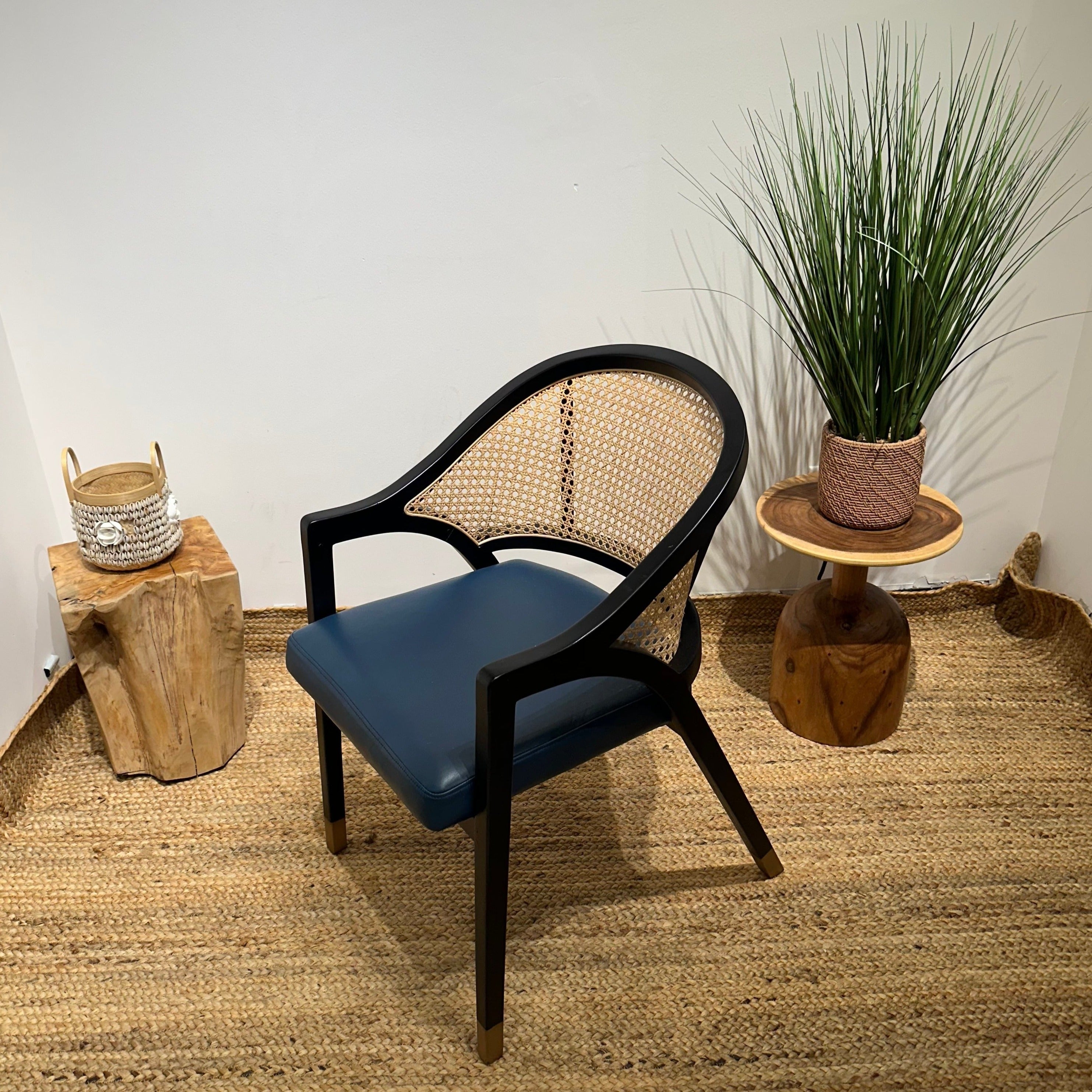 Accent Chair Natural Rattan Armchair, Leather Upholstered Seat