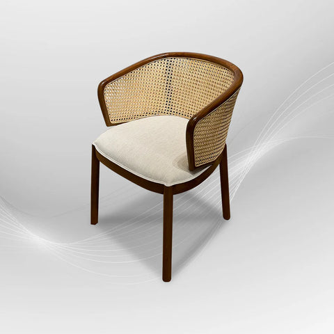 MANGKOKCLEOPATRA Walnut Rattan Armchair| Rattan Dining Chairs, Dining Chairs with Rattan Backrest, Upholstered Fabric Dining Chairs, Walnut Brown Finished Wood Arm Chair